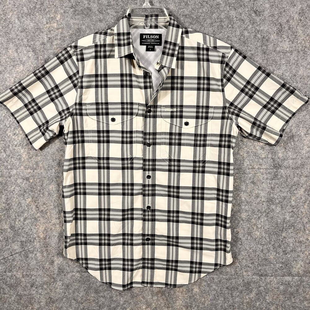 Filson Twin Lakes Short Sleeve Sport Shirt 20095430‎ Feather Cream Gray Plaid Sm
